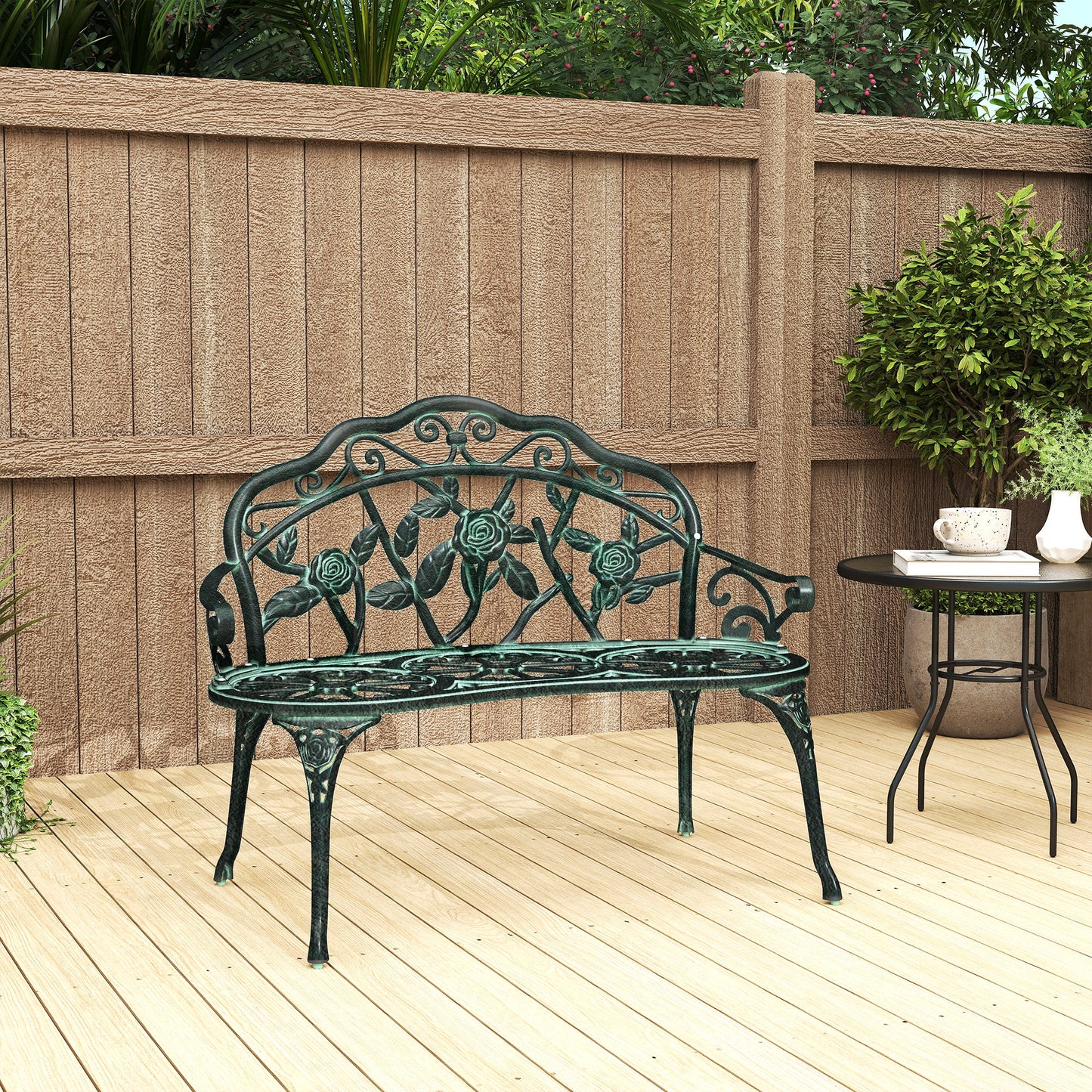 40" Outdoor Garden Bench, Cast Aluminum Antique Rose Style Patio Garden Park Loveseat Bench for Backyard, Porch, Balcony, Lawn, Green
