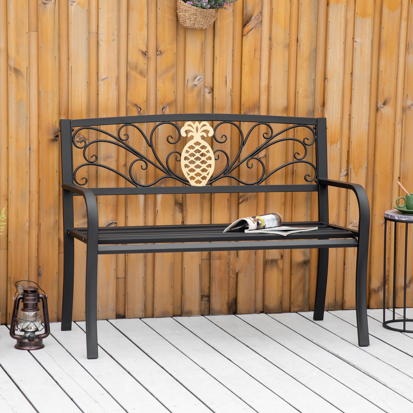 2 Seater Garden Bench 45" x 21.75" x 35.5" Steel Frame Loveseat for Yard, Lawn, Porch, Patio, Black and Gold