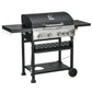 40,000 BTU Propane Gas Grill BBQ Cart with 4 Main Burners, 1 Side Burner, with Warming Rack, Side Prep Tables, Black