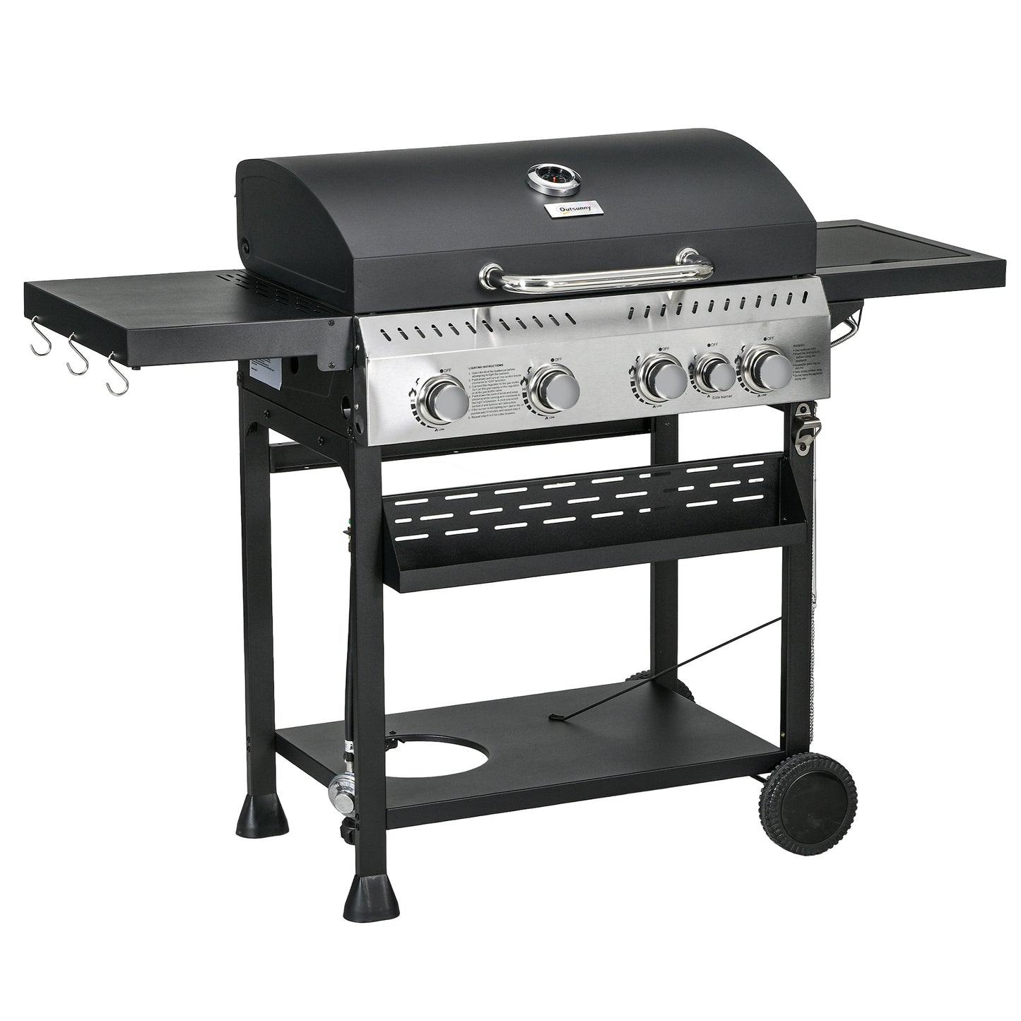40,000 BTU Propane Gas Grill BBQ Cart with 4 Main Burners, 1 Side Burner, with Warming Rack, Side Prep Tables, Black