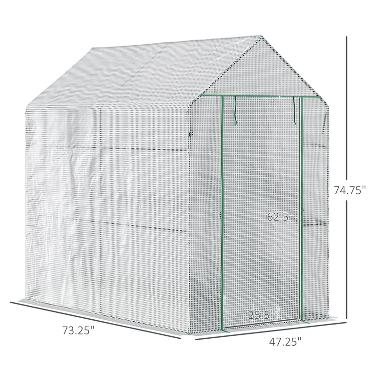 73" x 47" x 75" White Walk-In Greenhouse with Roll-Up Door