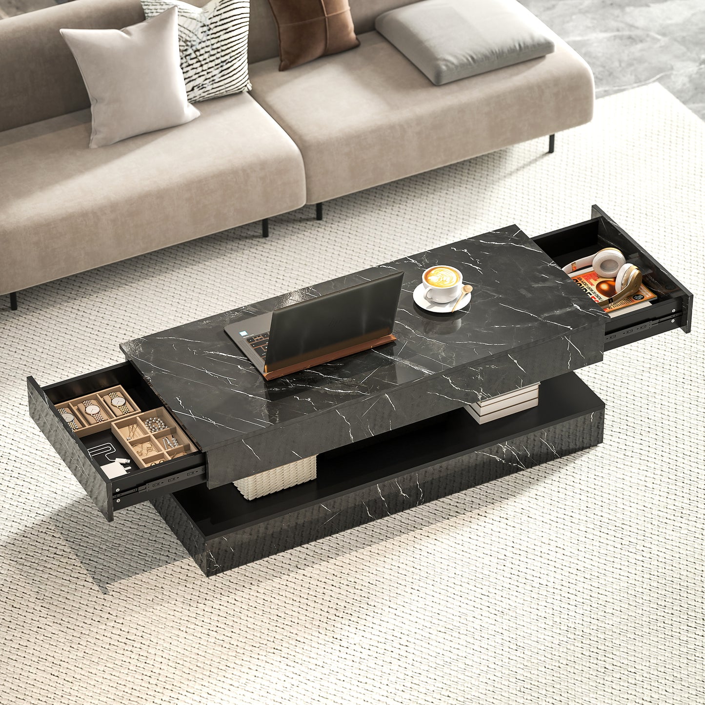 Coffee Table with Adjustable LED Lights, Center Table with 2 Drawers, Open Shelf, Remote, High Gloss Marble-Effect Black