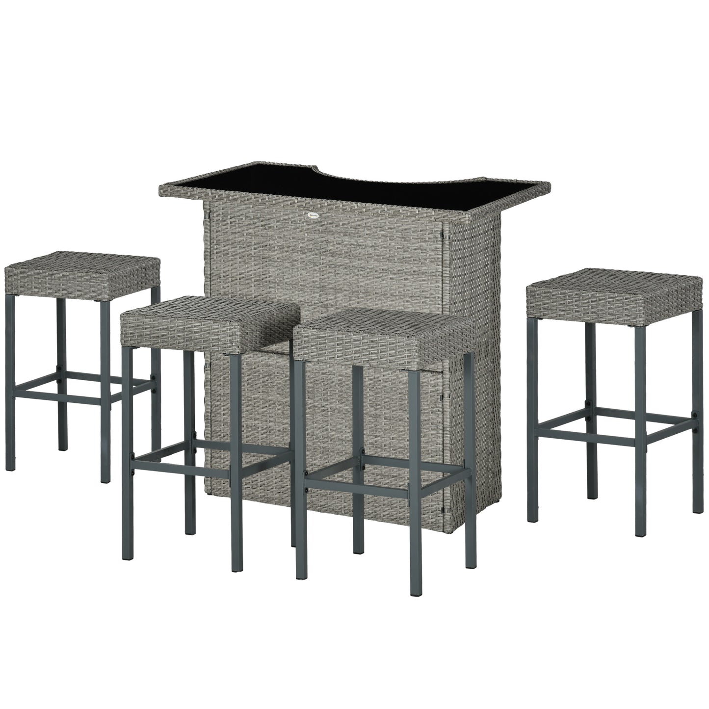 5 Pieces Patio Bar Set, Outdoor PE Rattan Wicker High Top Outdoor Table and Chairs Outdoor Bar Set with Tempered Glass Top Bar Table and Shelves, 4 Bar Chairs, Black