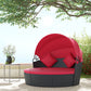 4 Pieces Outdoor Daybed with Retractable Canopy, Wicker Lounger Bed, Conversation Furniture Set, Dark Blue - Red