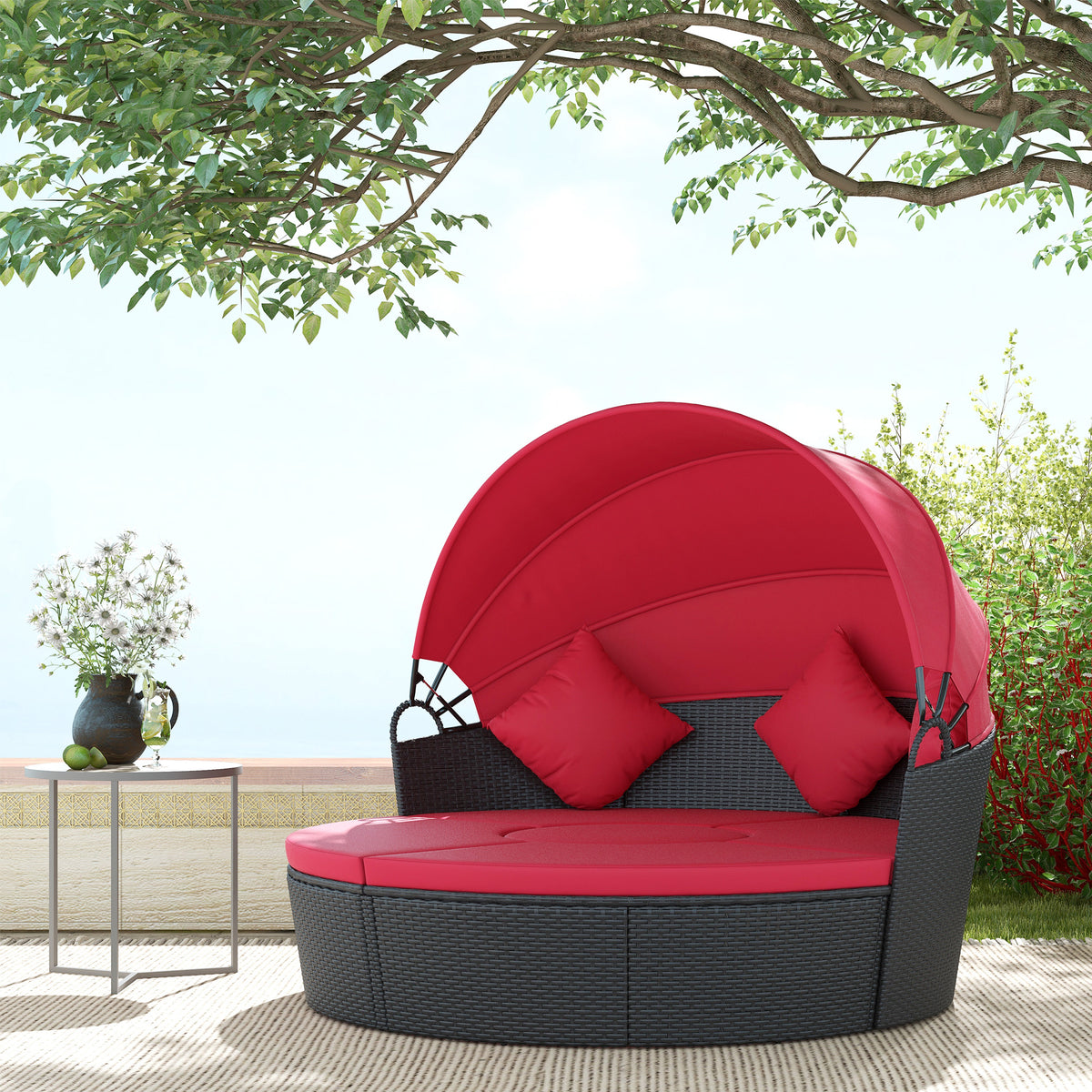 4 Pieces Outdoor Daybed with Retractable Canopy, Wicker Lounger Bed, Conversation Furniture Set, Dark Blue - Red