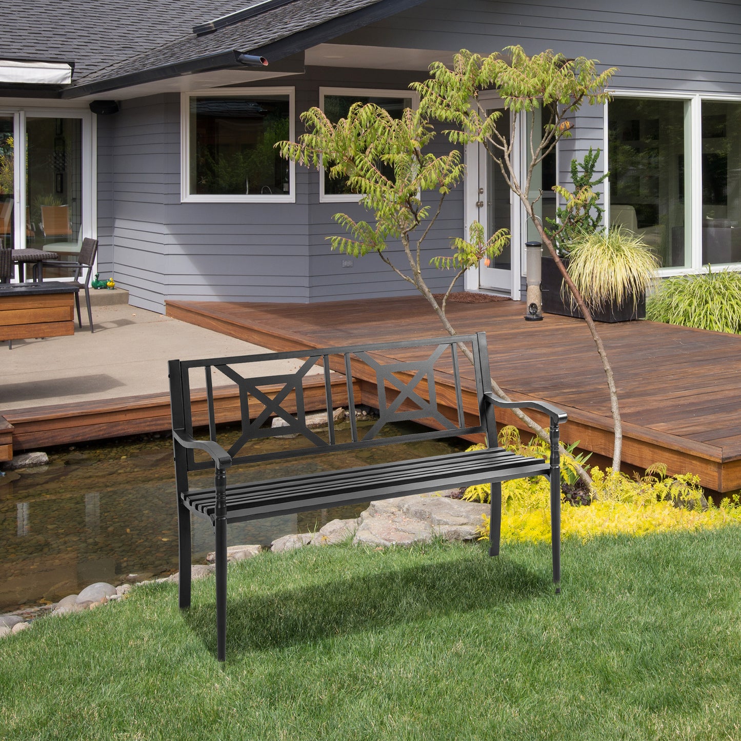 Steel Garden Bench for Outdoor, 2-person Patio Bench, Loveseat Furniture for Lawn, Deck, Yard, Porch, Entryway, Black