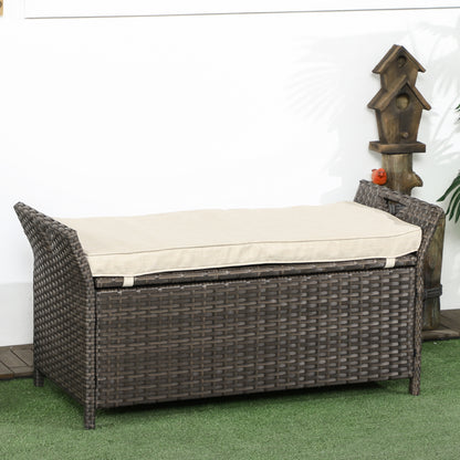 2-In-1 Outdoor PE Rattan Storage Bench, 29 Gallon Patio Wicker Furniture, Basket Box with Handles and Cushion Dark Grey - Cream White