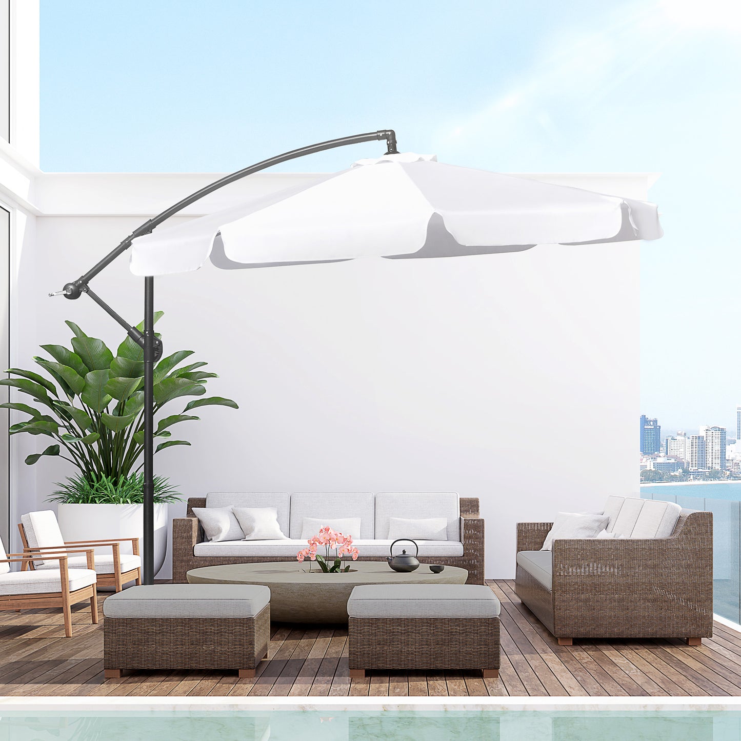 9FT Offset Hanging Patio Umbrella Cantilever Umbrella with Easy Tilt Adjustment, Cross Base and 8 Ribs for Backyard, Poolside, Lawn and Garden, White