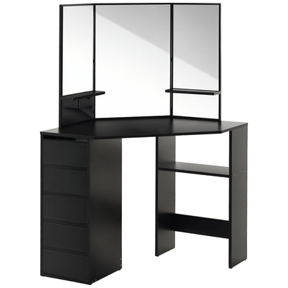 Corner Vanity Desk with Mirror and 5 Drawers - Black