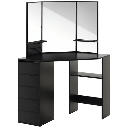 Corner Vanity Desk with Mirror and 5 Drawers - Black