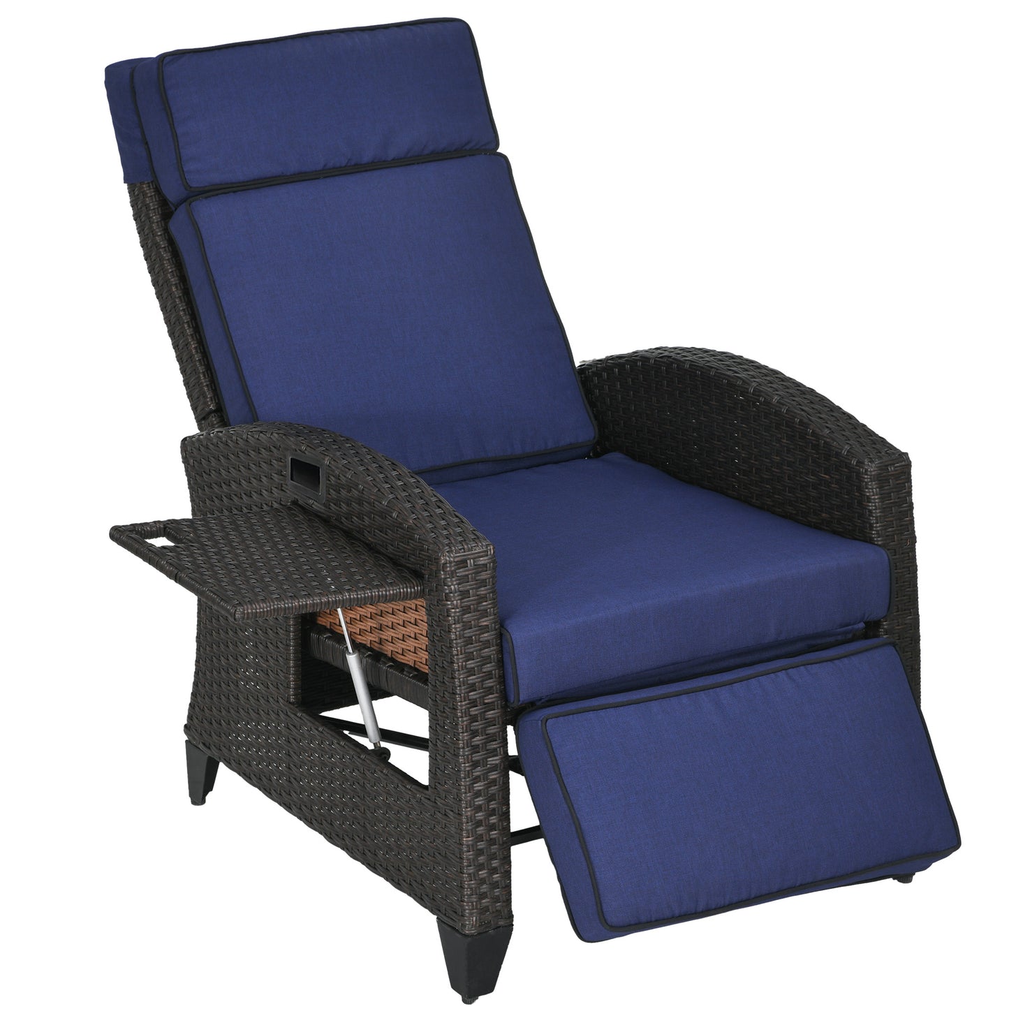 Outdoor Recliner Chair with Adjustable Backrest, Cushion, Side Tray, Black