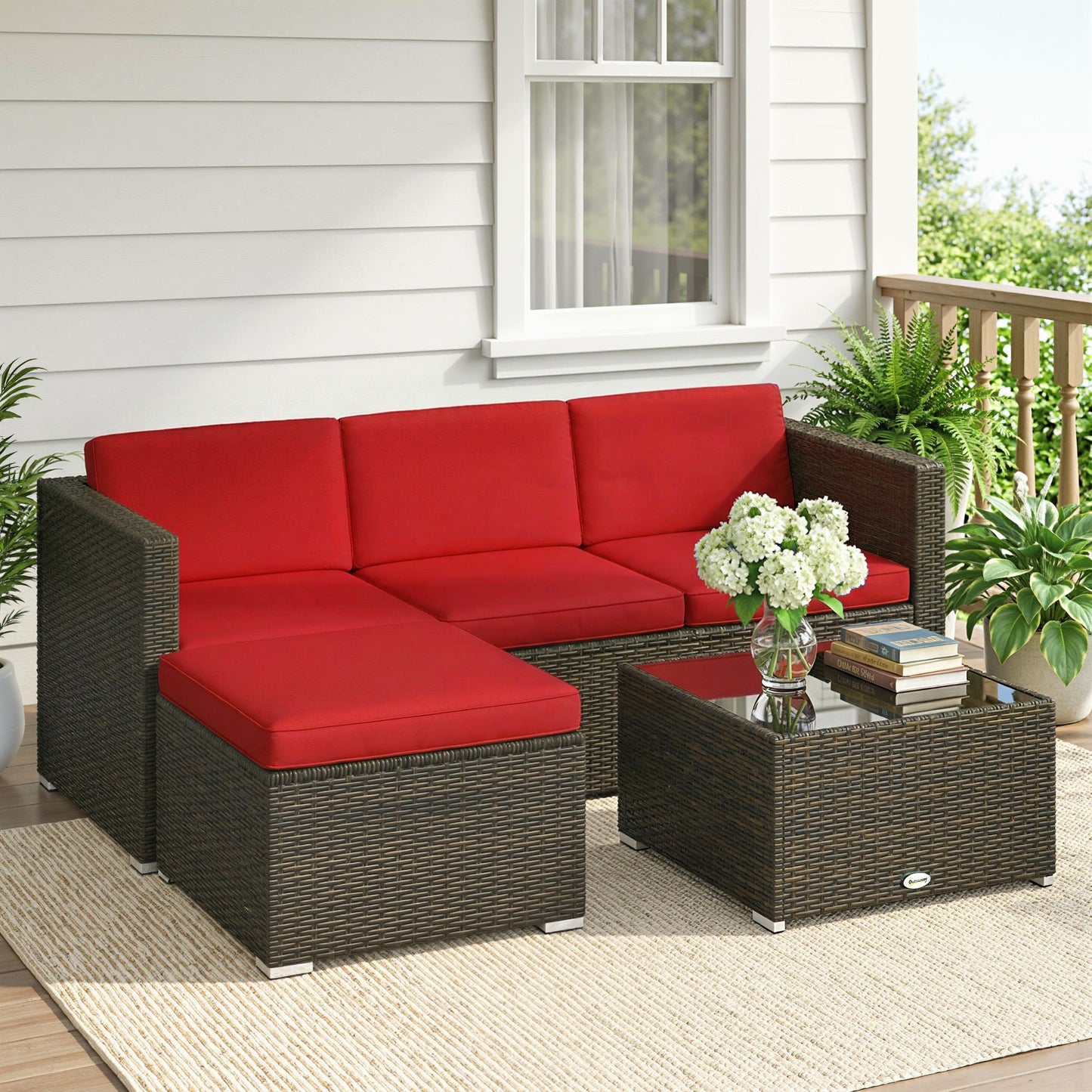 3 Pieces Patio Furniture Set with Cushions, Outdoor PE Rattan Wicker Conversation Corner Sofa Set with Glass Top Table - Red