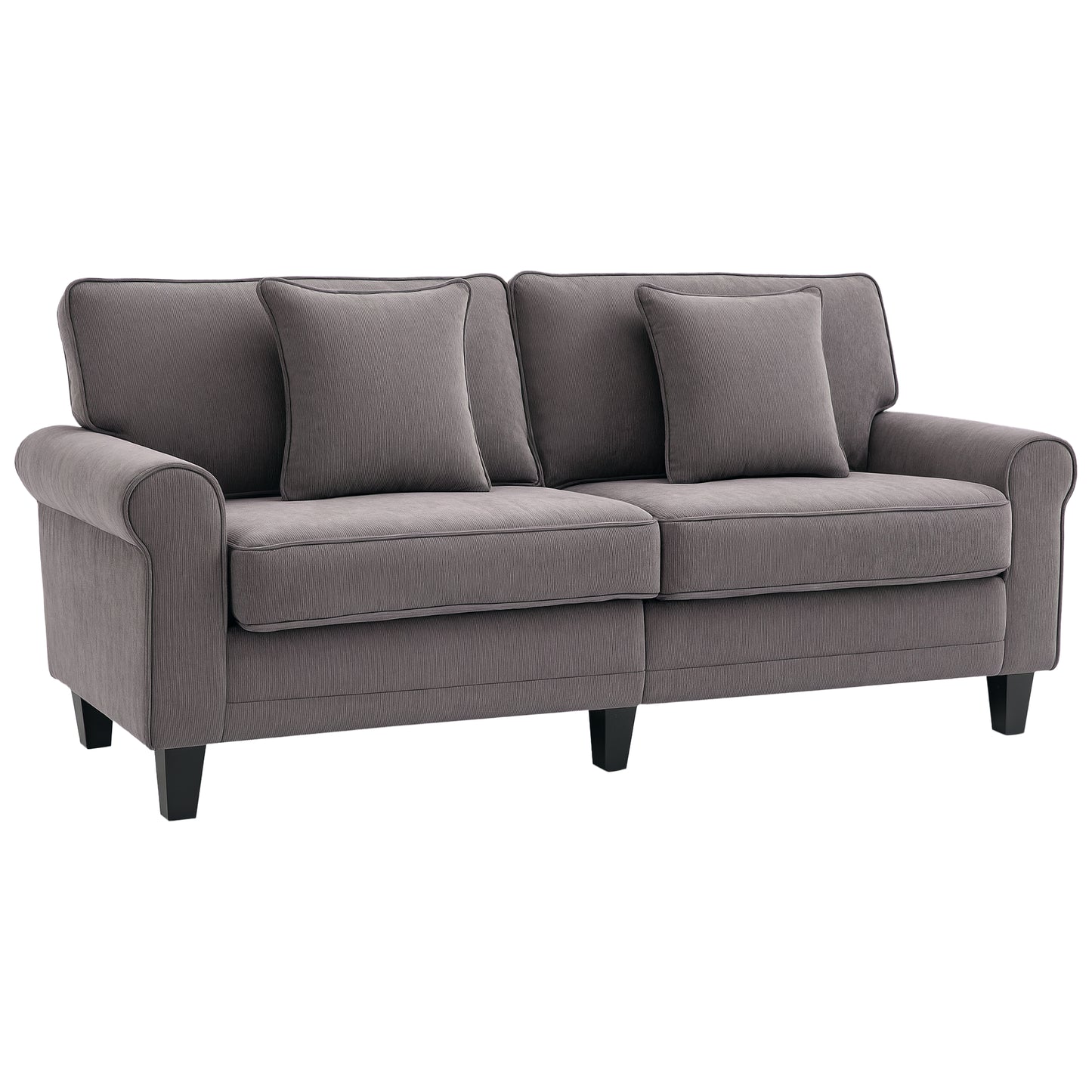 Modern 3 Seater Sofa, Corduroy Fabric 3 Seater Couch with Pine Wood Legs and Rolled Armrests for Living Room, Light Grey