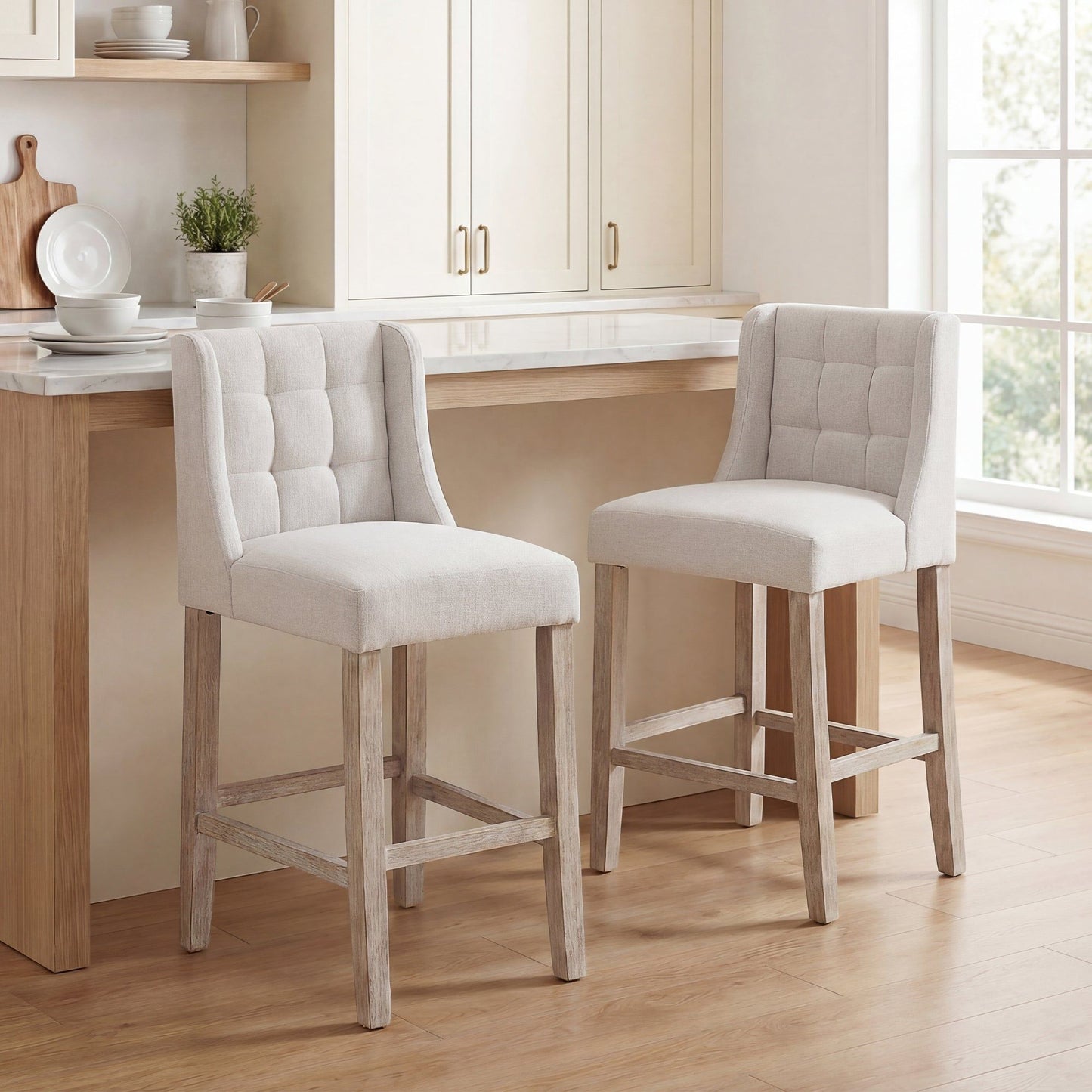 Tufted Counter Bar Stools Set of 2 - Beige