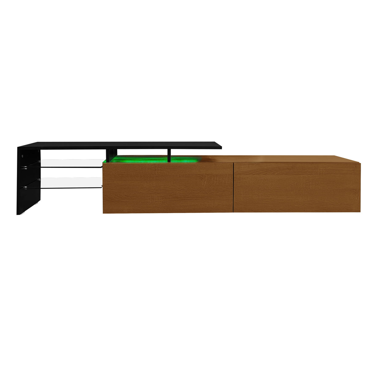 Modern TV Stand with Glass Shelves and LED Lighting, Stylish Storage Solution, Modern and Stylish Design, 67" L x 13" W x 13" H, Black+Natural