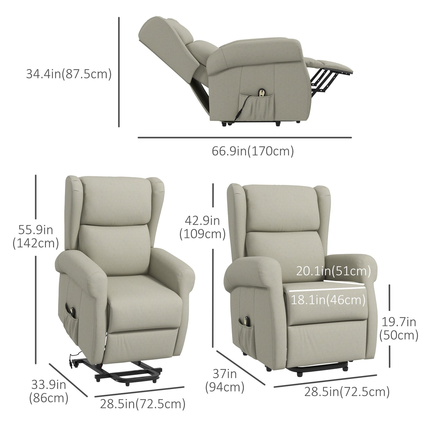 Wingback Lift Chair for Elderly, Power Chair Recliner with Footrest, Remote Control, Side Pockets, Cream White