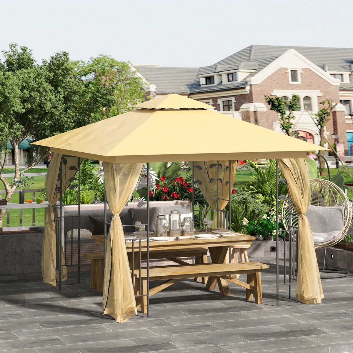10'x10' Soft-top Steel Patio Gazebo Outdoor Sun Shelter with 2-Tier Polyester Roof, Curtain Sidewalls, Beige