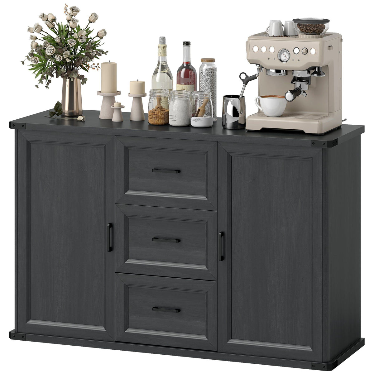 47" Sideboard Buffet with 3 Drawers and 2 Doors - Black Wood Grain