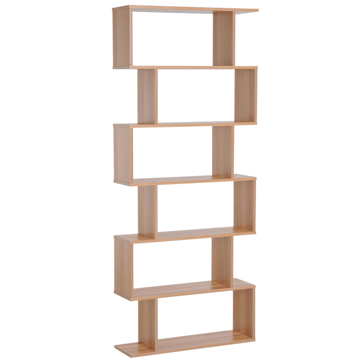 76" 6-Tier Geometric Wooden Bookcase S Shaped Storage Display Bookshelf Modern shelf Open Concept Living Room Home Office Furniture, Maple