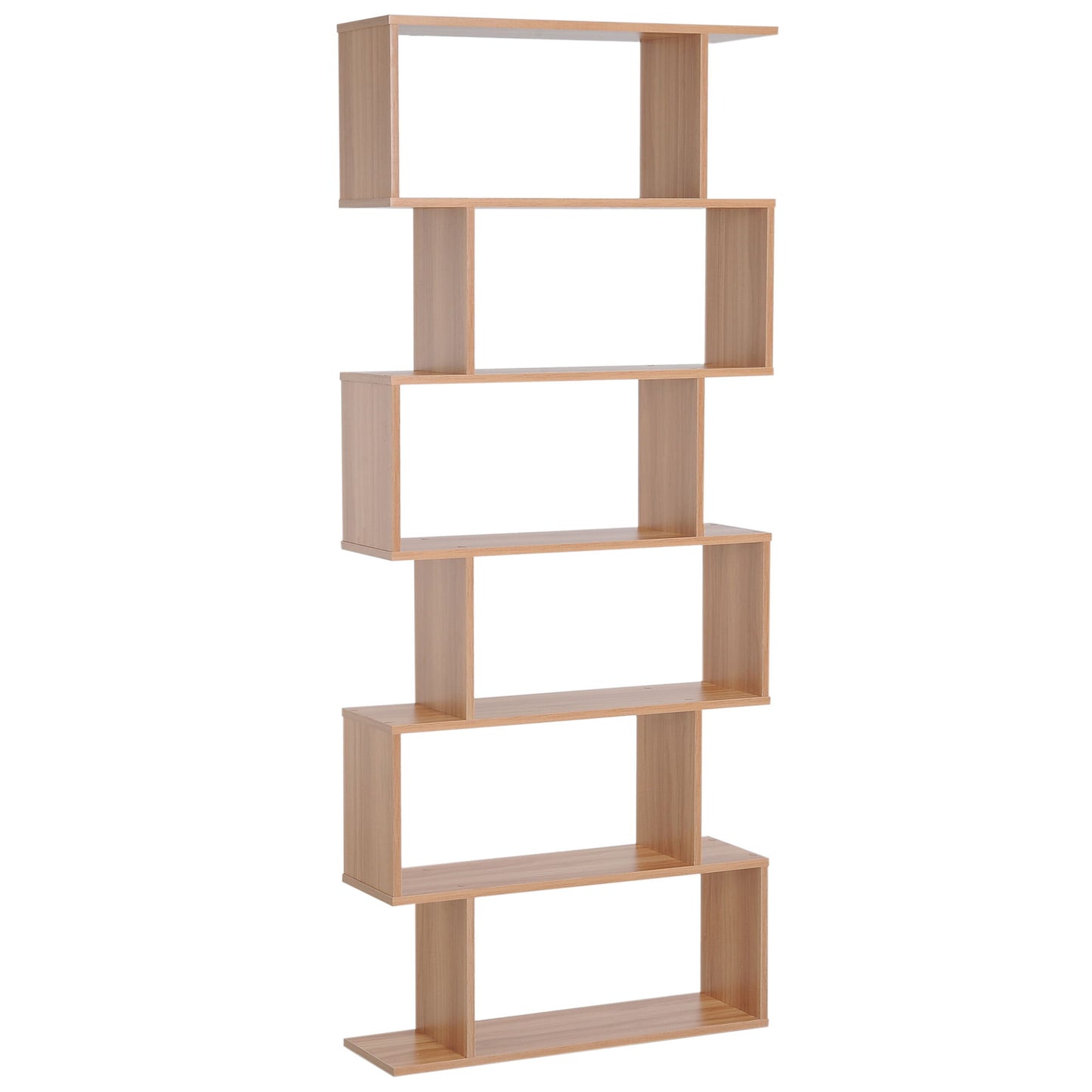 76" 6-Tier Geometric Wooden Bookcase S Shaped Storage Display Bookshelf Modern shelf Open Concept Living Room Home Office Furniture, Maple
