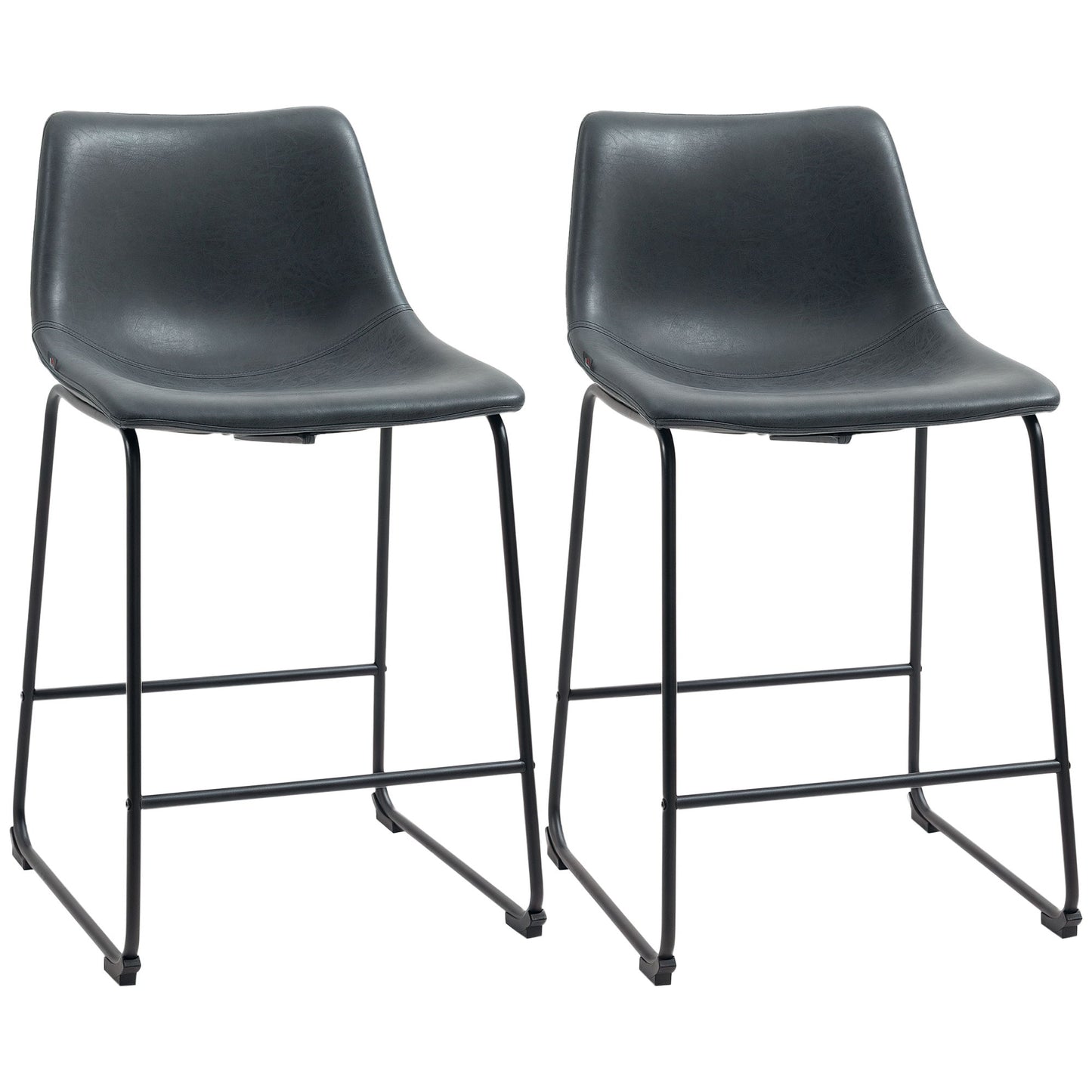 Counter Height Bar Stools Set of 2, Vintage PU Leather Bar Chairs, Kitchen Stool with Footrest, Black