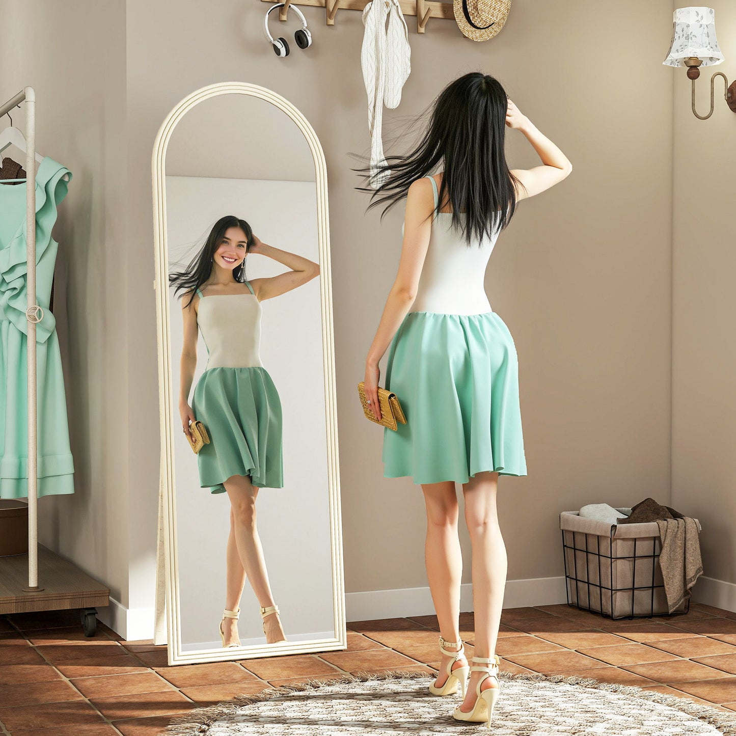 64" x 21" Full Length Mirror, Free Standing, Leaning or Wall, Arched Full Body Mirror with Faux Stone Frame, White