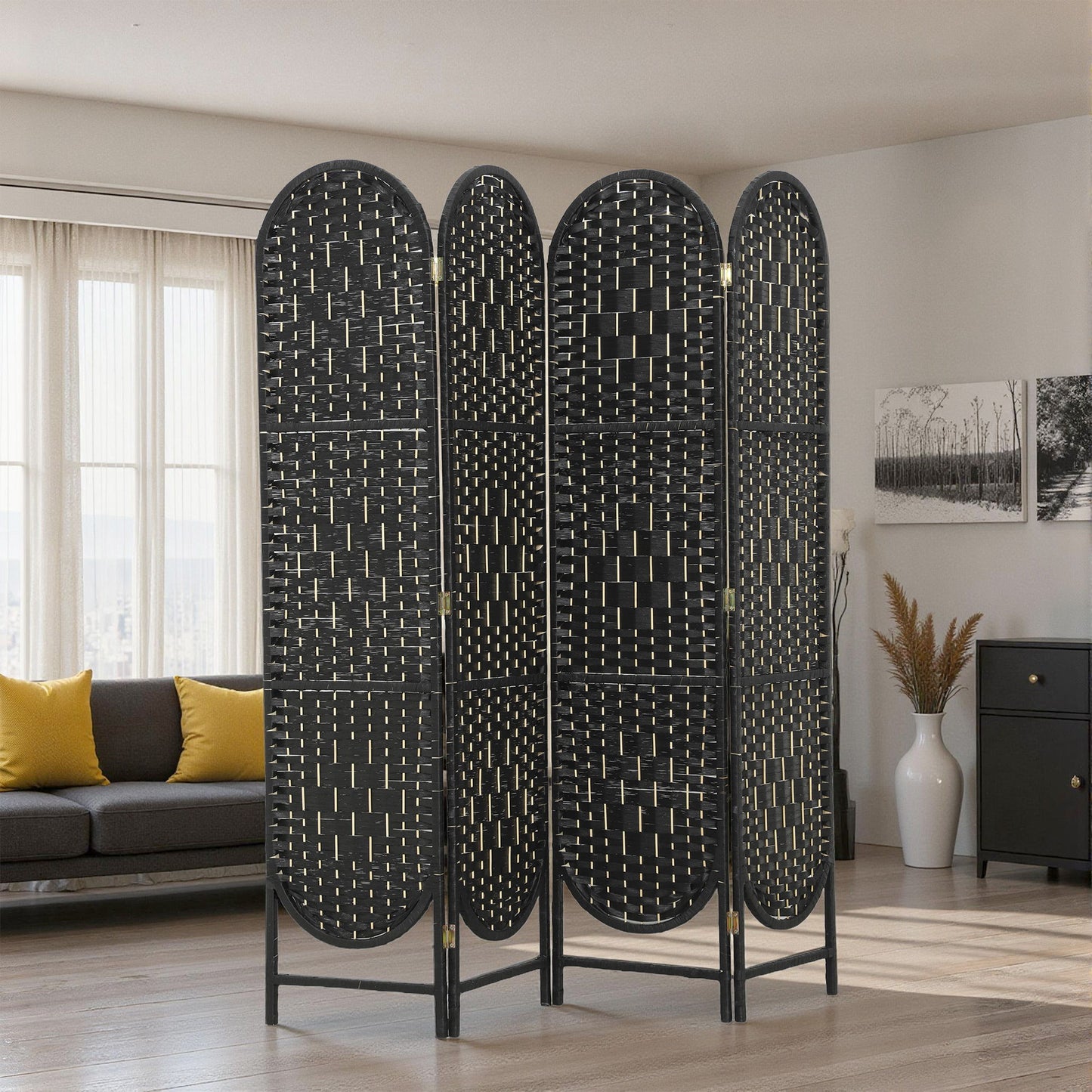 Bohemian Privacy Screen, Folding Room Divider with 4 Panels and Arched Top for Bedroom Living Room Office, Black