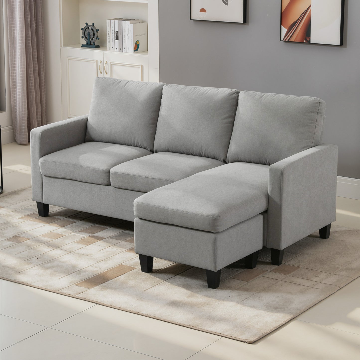 L-Shape Sofa, Modern Sectional Couch with Ottoman, Corner Sofa for Living Room, Light Grey