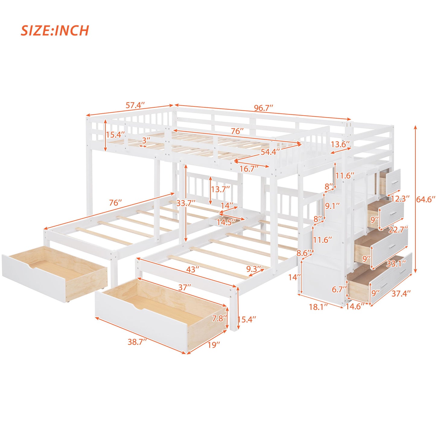 Full Over Twin Bed with Storage Drawers, Sturdy Pine Wood Frame, Twin Triple Bunk Bed with Guardrails, 115" L x 76" W x 64.5" H, White