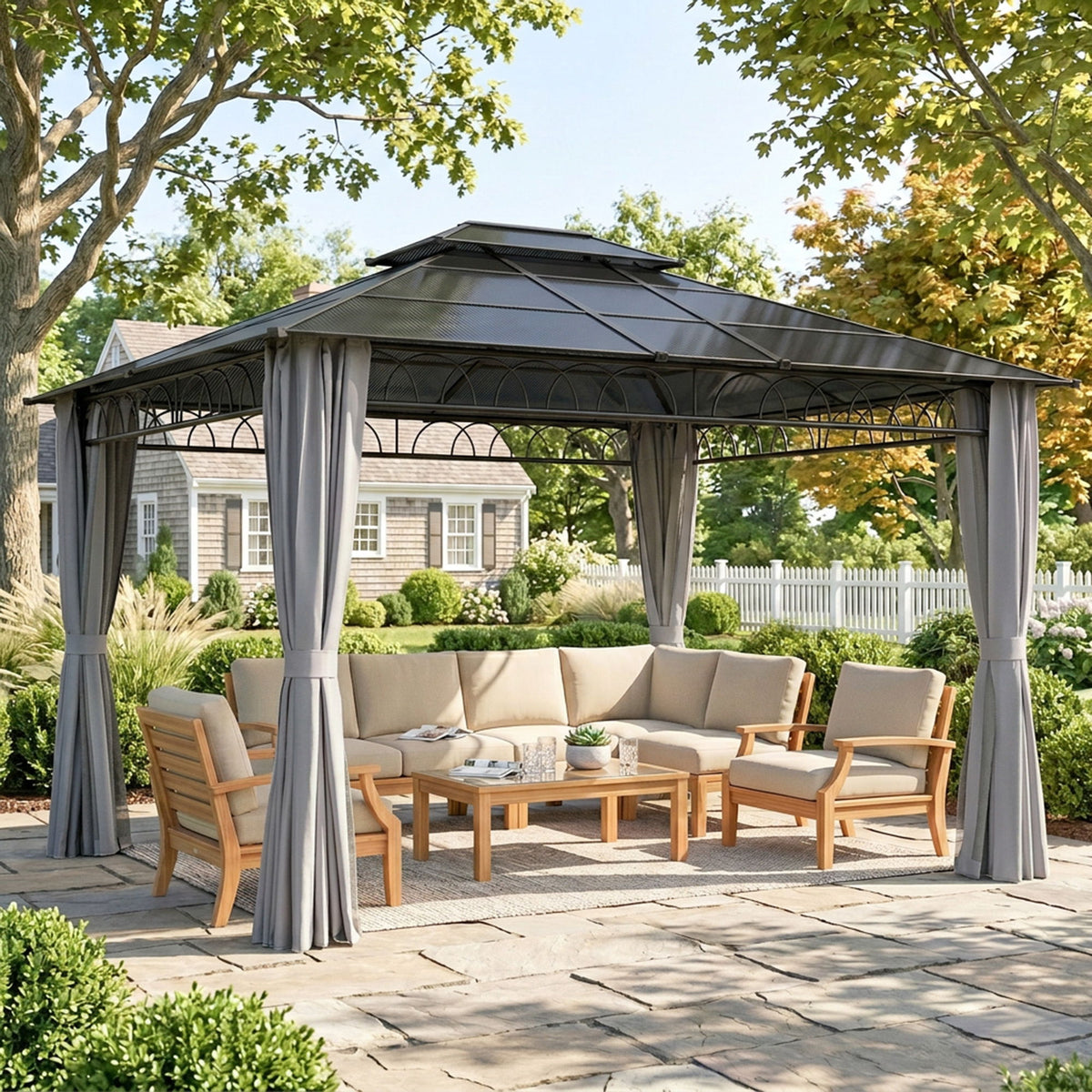 10' x 12' Outdoor Hardtop Gazebo Canopy w/ Double PC Roof, Steel Frame, Nettings, Curtains for Garden Lawn Deck, Grey