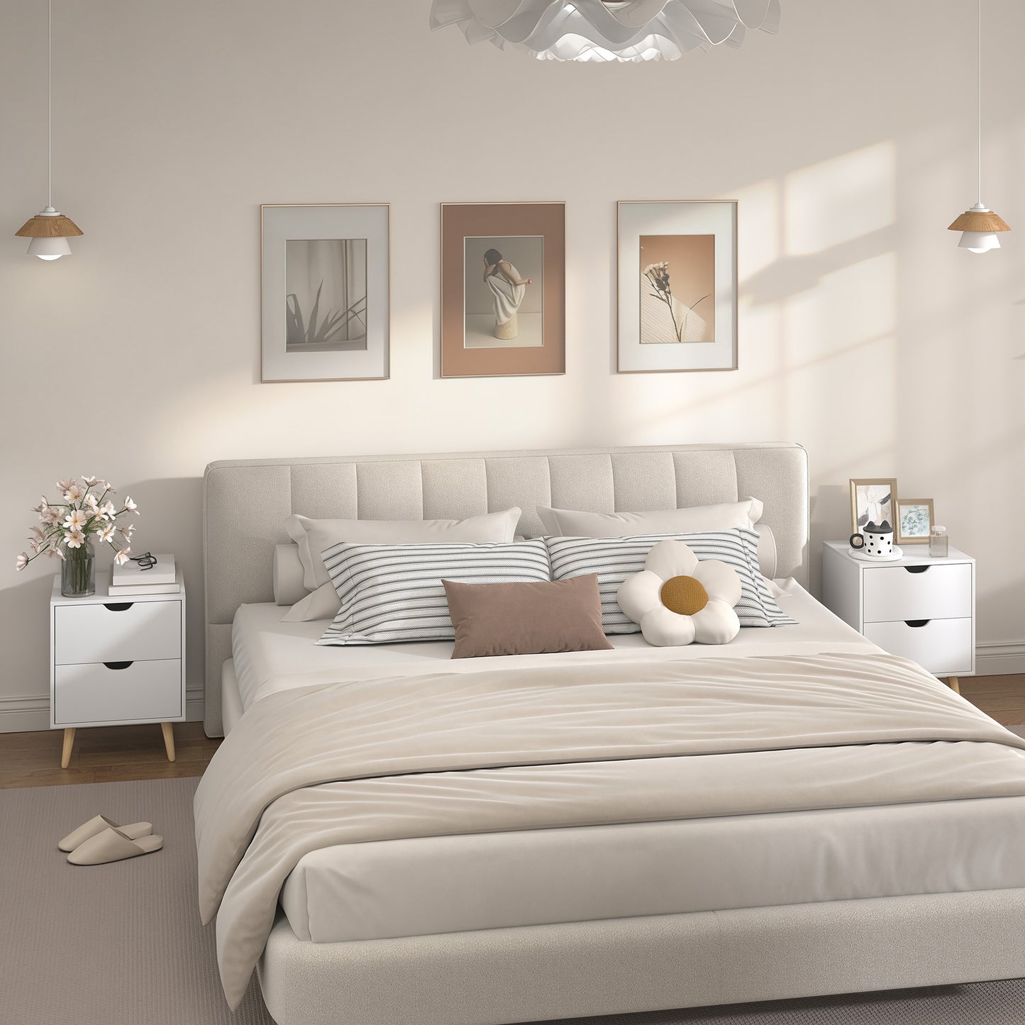 Modern Bedside Table Set of 2, Nightstand with 2 Drawers and Pine Wood Legs for Bedroom, White