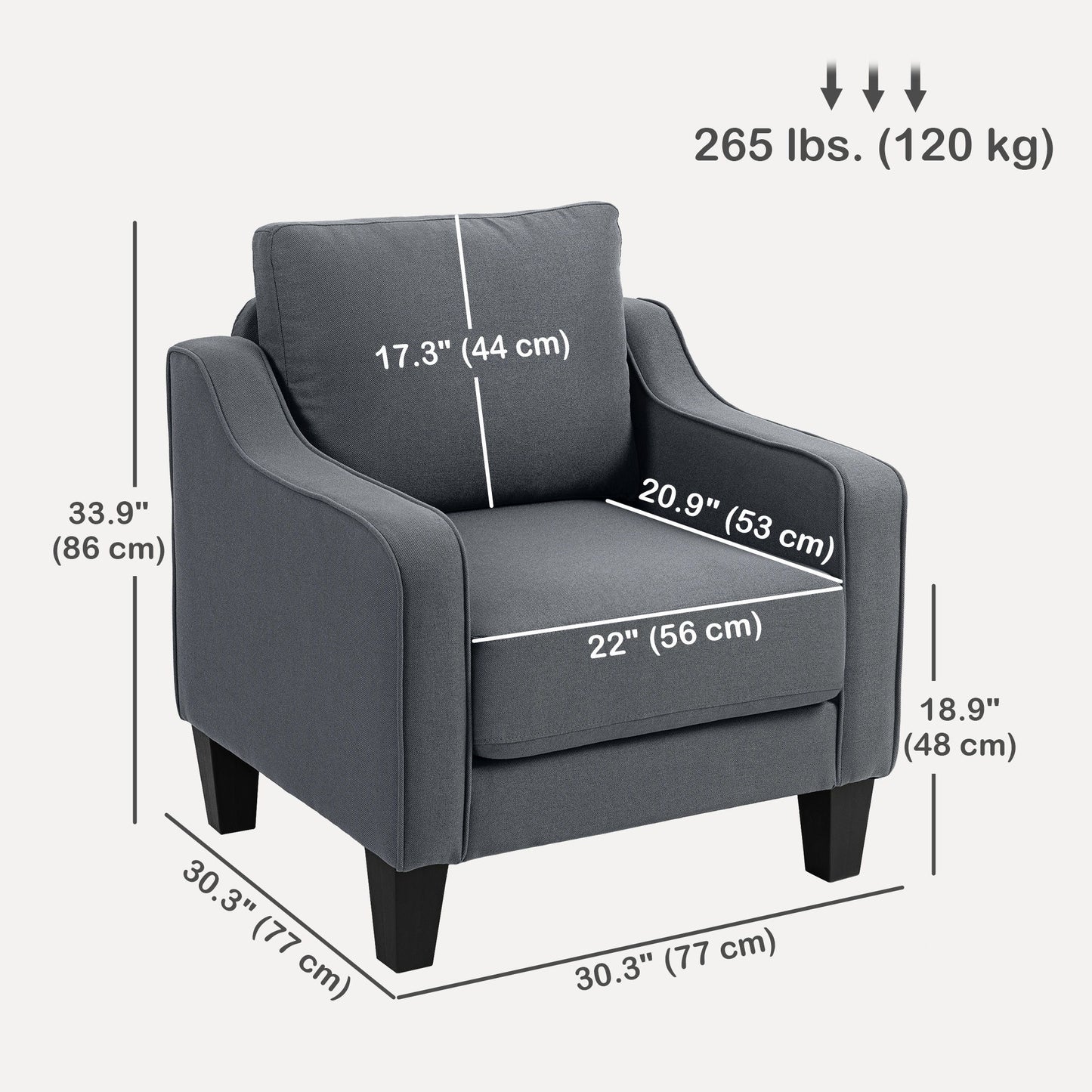 Armchair, Modern Accent Chair with Pocket Spring, Linen Upholstered, Thick Padded, Charcoal Grey
