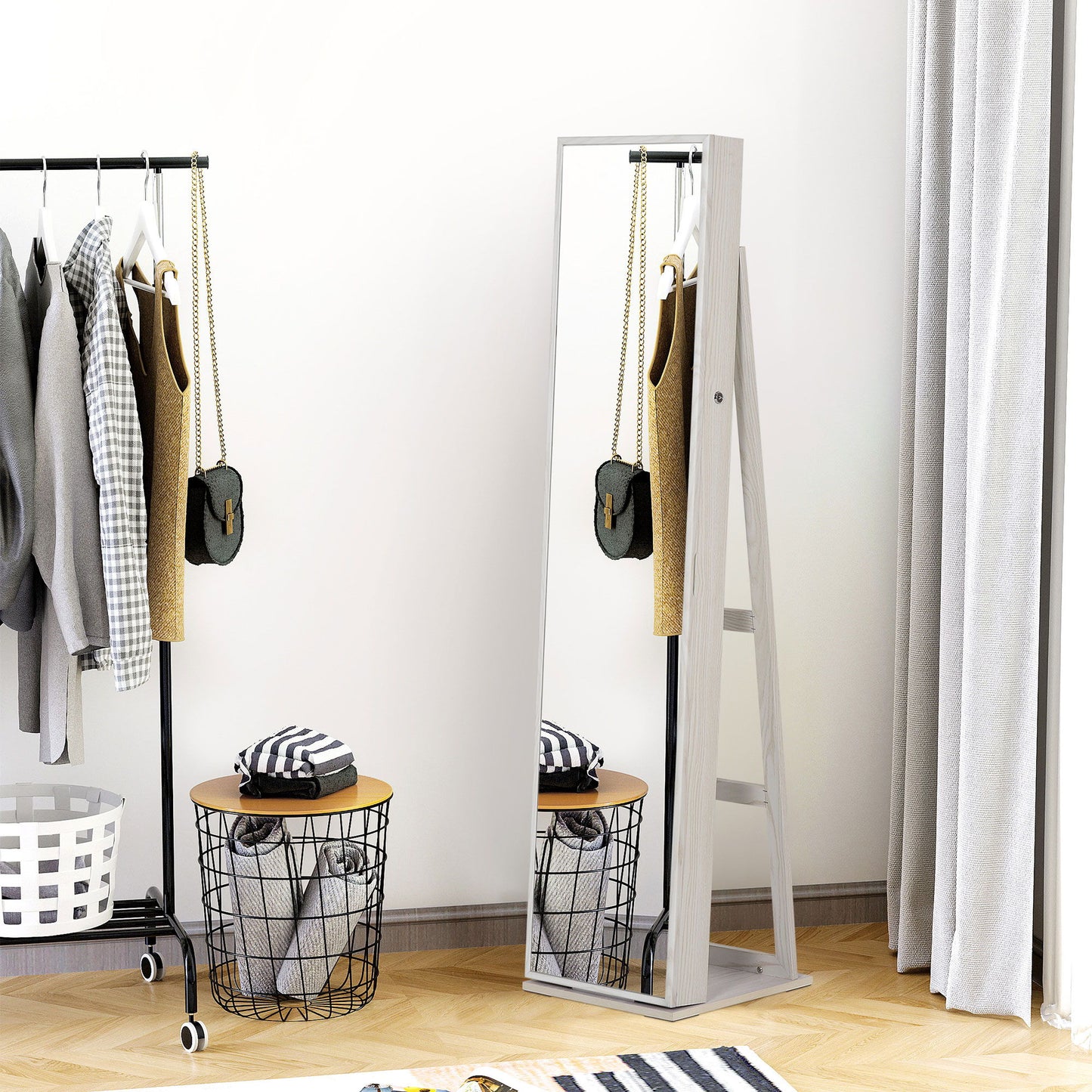 Mirror Jewelry Cabinet Armoire, Lockable Jewelry Organizer with Full-Length Mirror, LED Lights, Standing Jewelry Armoire in White Wood