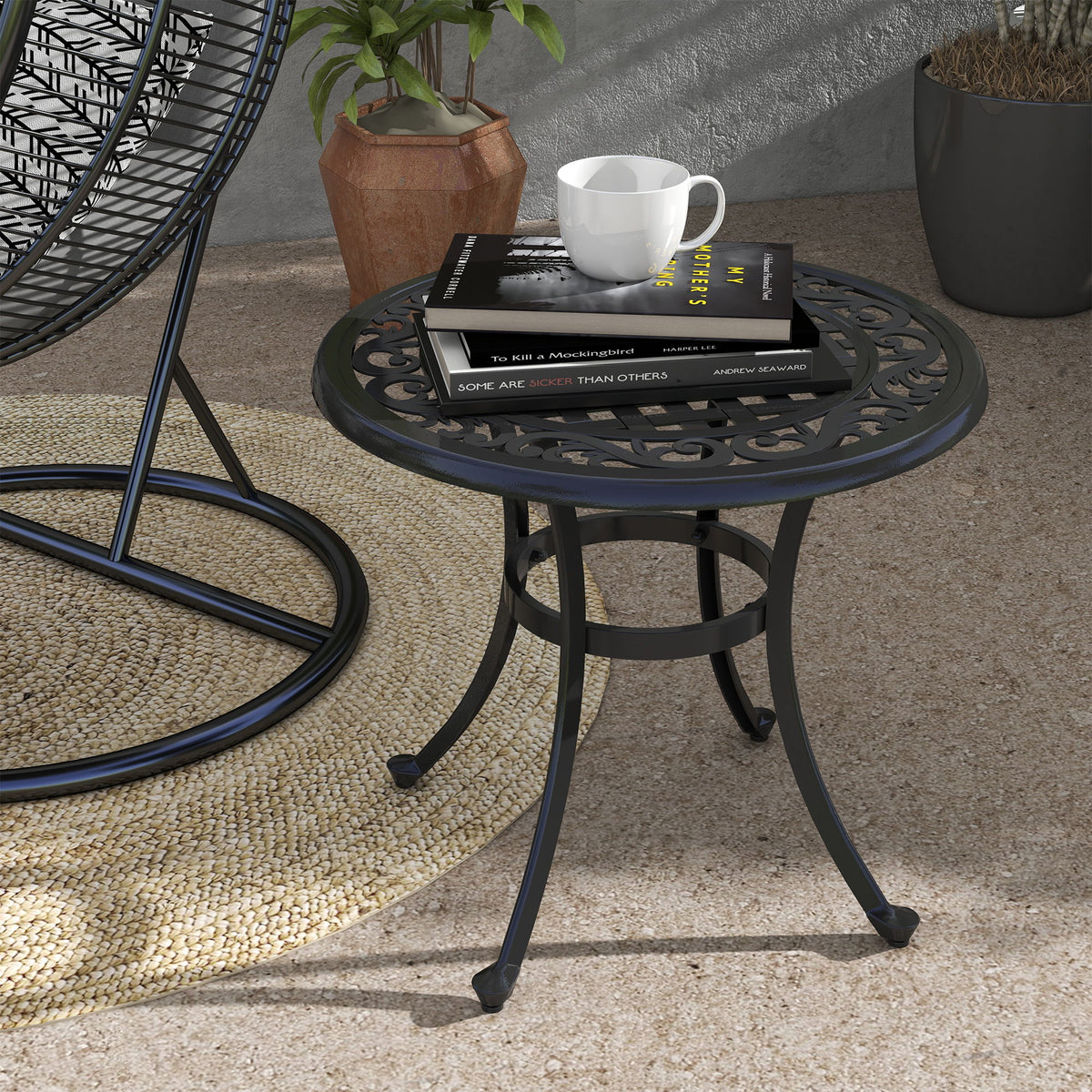 Patio Table, Round Side Table with Cast Aluminium Frame, Adjustable Feet for Patio, Garden, Balcony, Black
