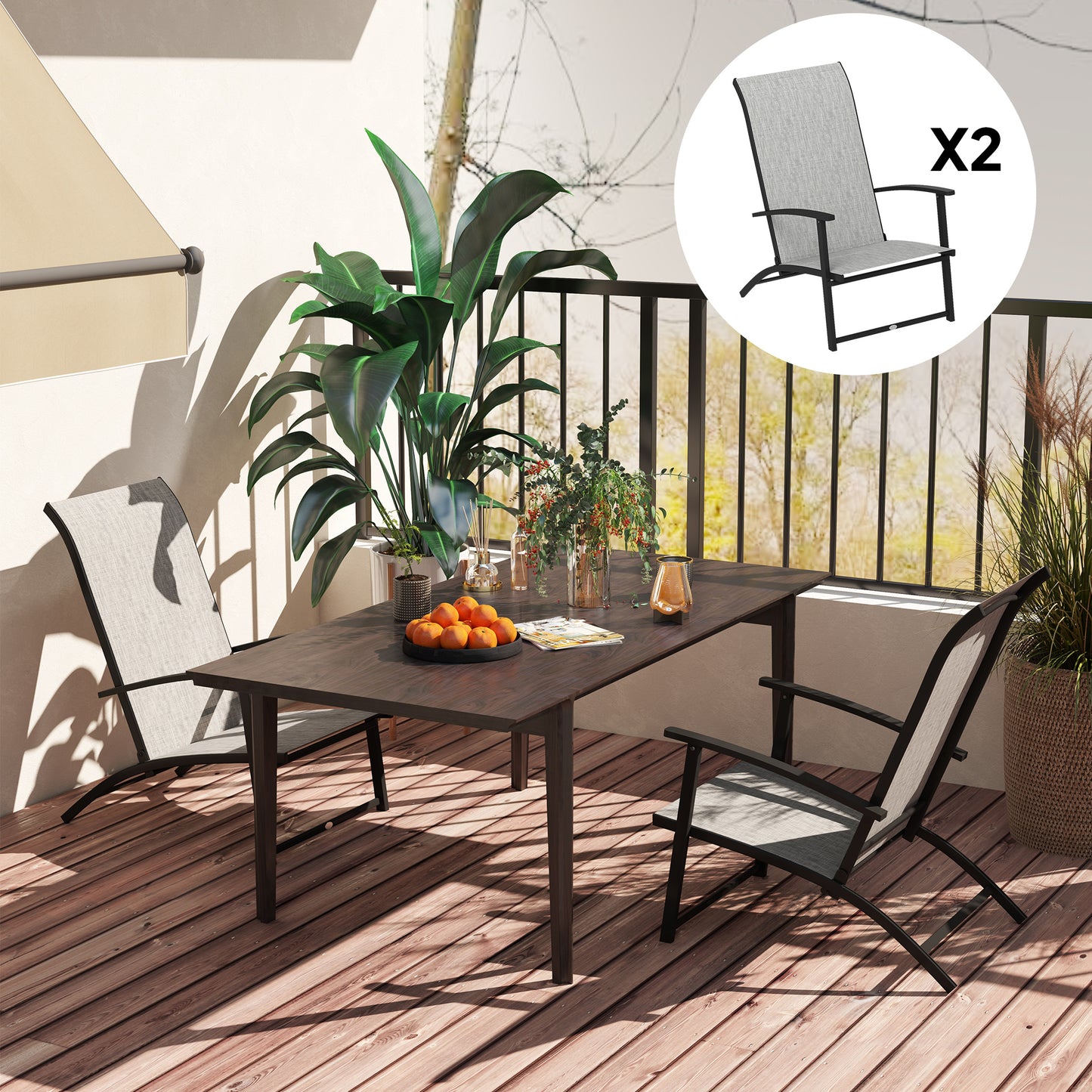 Set of 2 Folding Lawn Chairs, Outdoor Folding Chairs with Armrests, High Backrest for Backyard Balcony, Grey