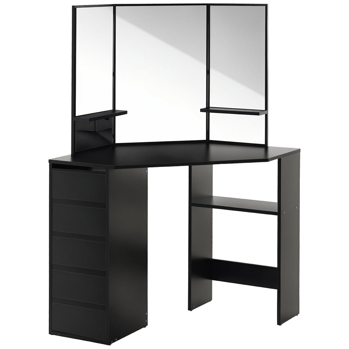 Corner Vanity Desk with Mirror and 5 Drawers - Black