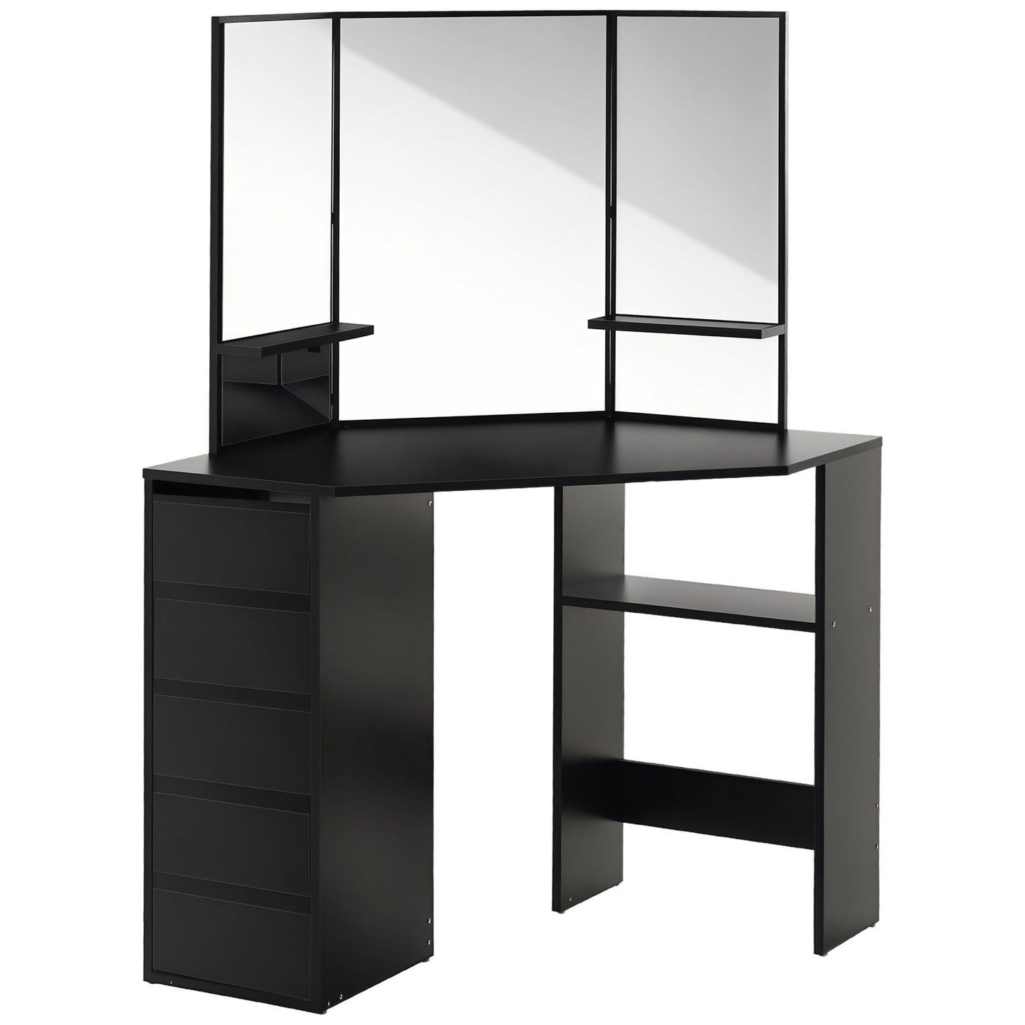 Corner Vanity Desk with Mirror and 5 Drawers - Black