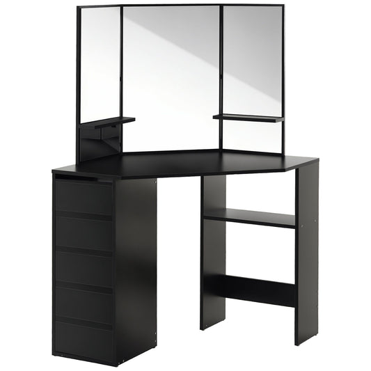 Corner Vanity Desk with Mirror and 5 Drawers - Black