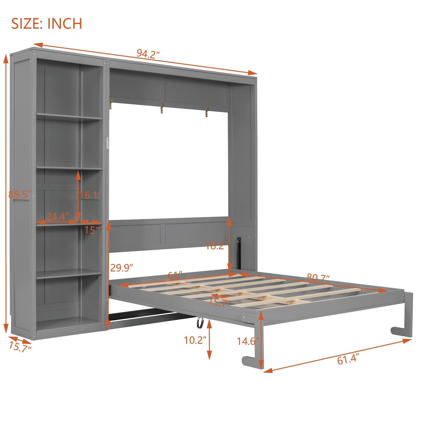 Queen Size Murphy Wall Bed with Dual Piston Mechanism and Shelves, Fold-Away Bed with Flexible Slat, 94'' L x 82'' W x 88.5'' H, Gray