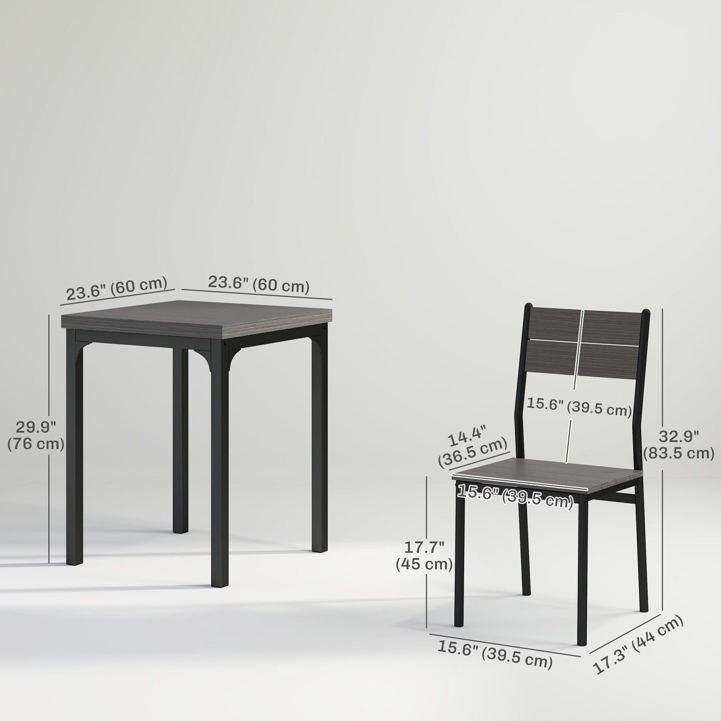 3-Piece Dining Table Set for 2 with Metal Legs - Grey Wood Effect