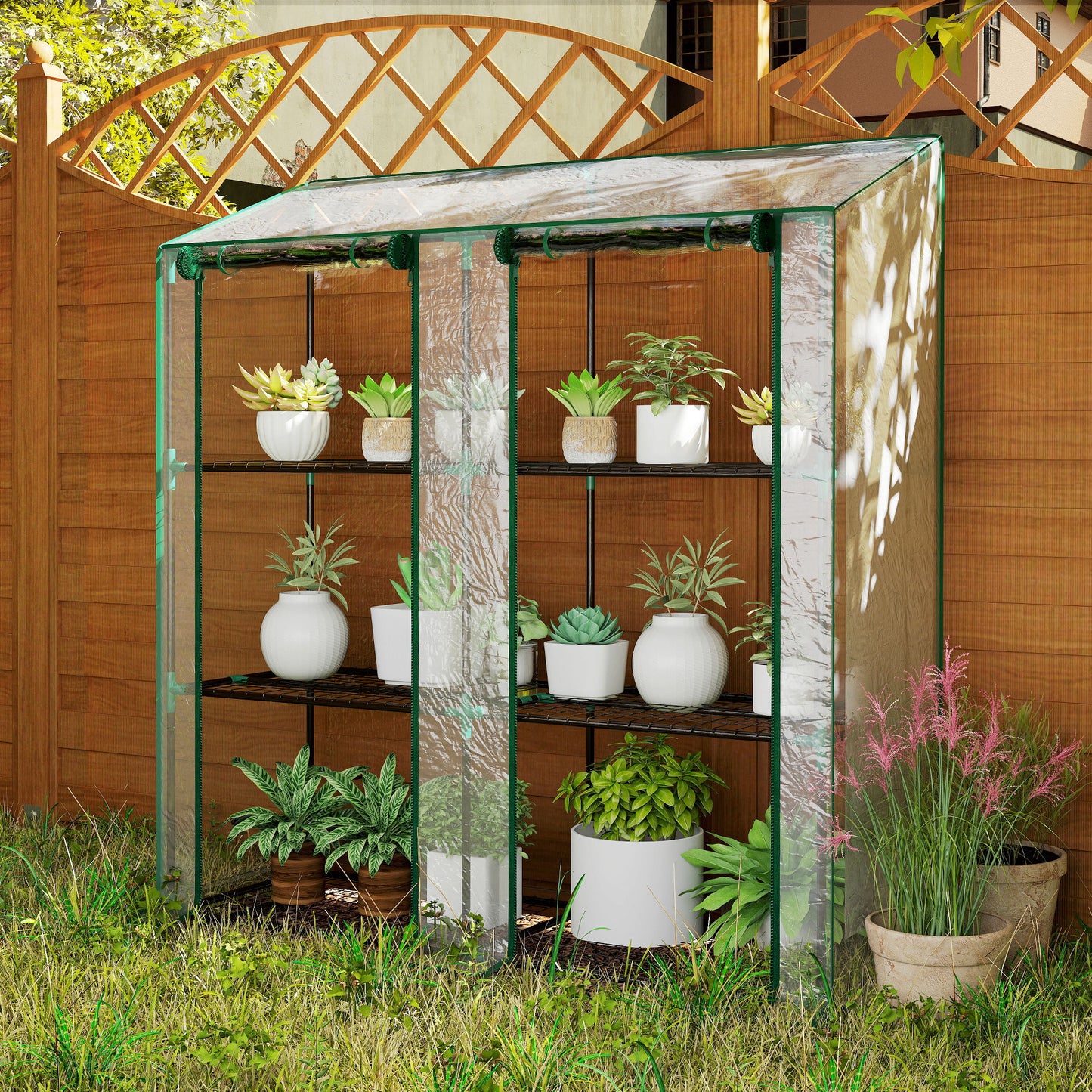 Portable Mini Greenhouse Green House with 3 Tier Shelves, Reinforced Cover, Roll-up Doors, 56.3" x 18.1" x 59.4"