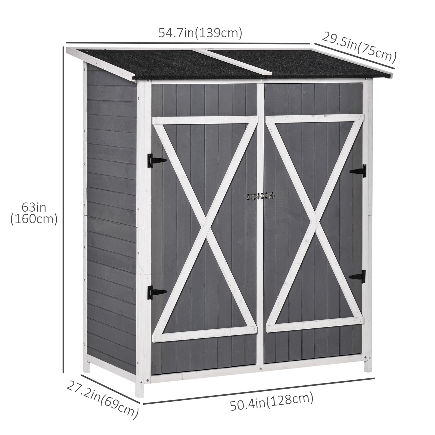 54.75''x29.5''x63'' Garden Storage Shed Asphalt Roof Wooden Timber Double Door Utility Storage House w/ Movable Shelf & Fixed Fittings