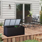 Wicker Outdoor Storage Box, 75 Gallon Deck Box with Gas Strut and Clamp Lid, Rattan Patio Storage Container for Gardening Tools, Pool Supplies, Dark Brown