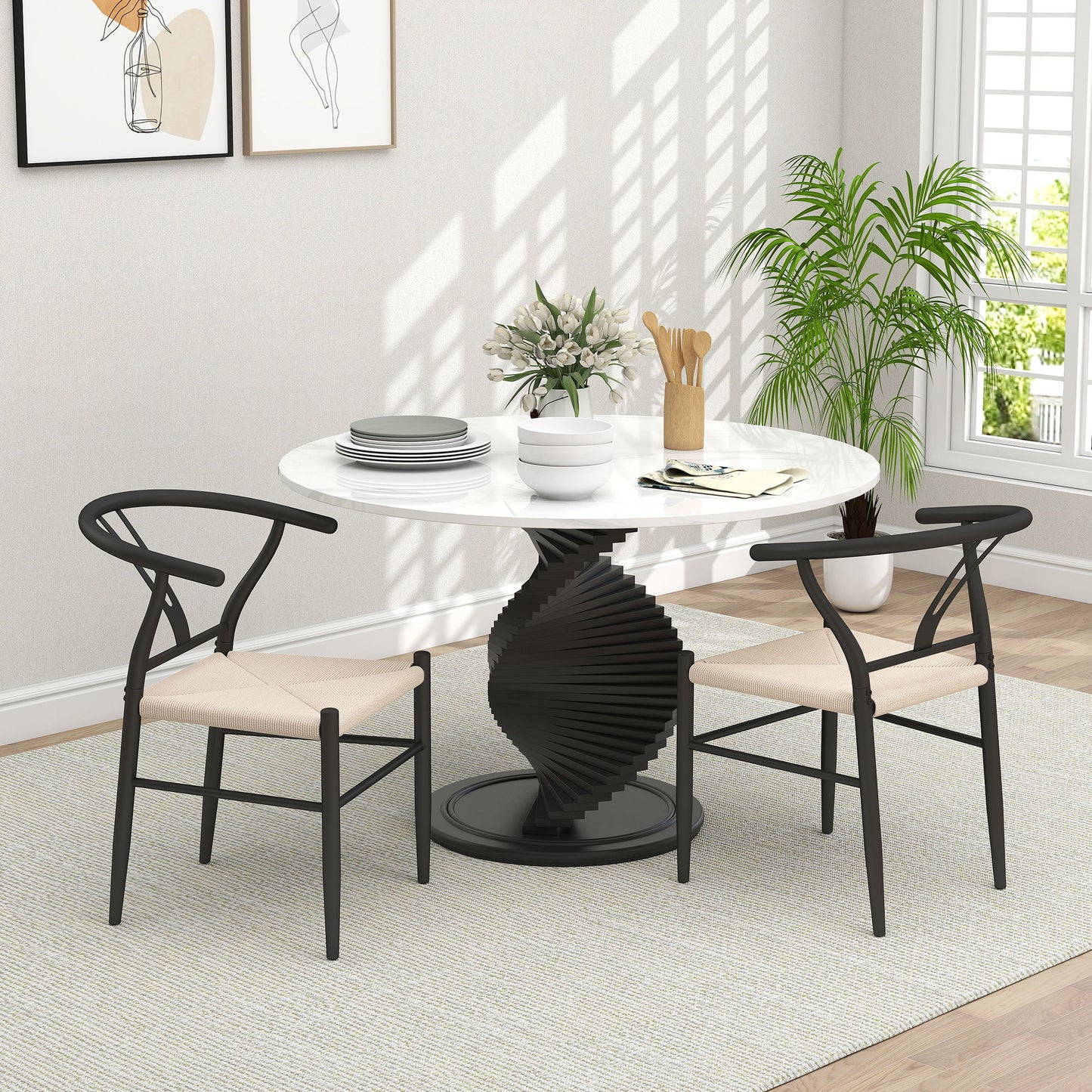 Set of 2 Weave Dining Chairs, Mid-Century Modern Dining Room Chairs with Y-Shaped Backrest and Hemp Seat, Black
