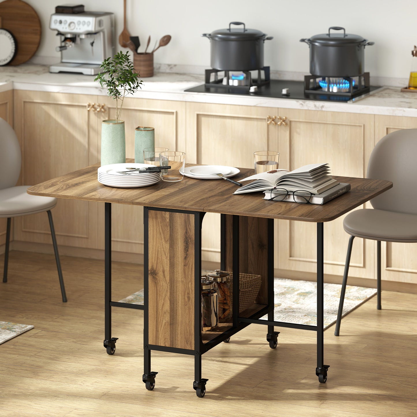Folding Dining Table, Extendable Kitchen Table for Small Spaces with Storage Shelf and 6 Wheels, Light Brown