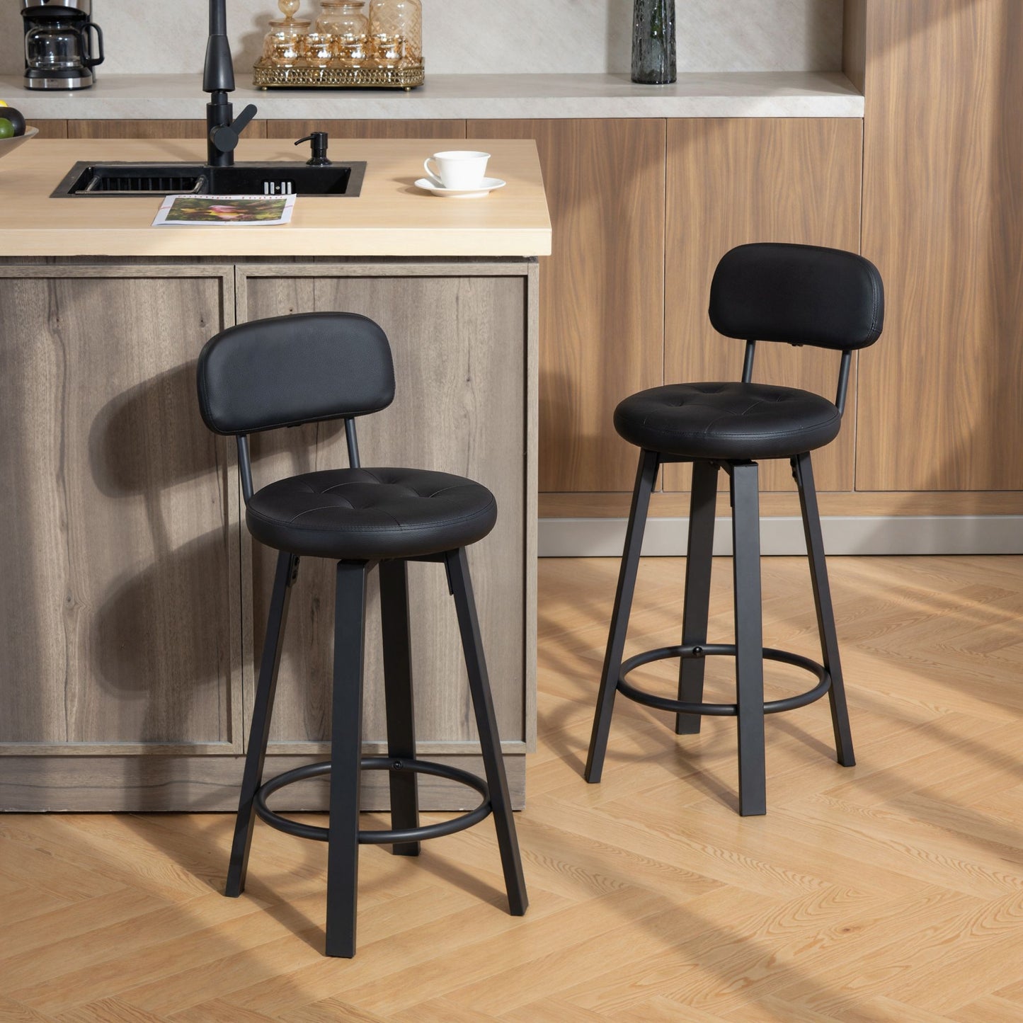 Bar Stools Set of 2, Upholstered Breakfast Bar Chairs with Footrest and Backrest for Kitchen Counter, Black