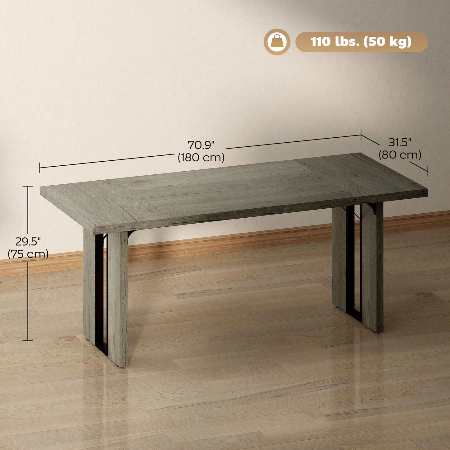 Industrial Kitchen Table for 8, 71" Rectangular Dining Table with Thick Tabletop for Dining Room, Grey Wood Finish