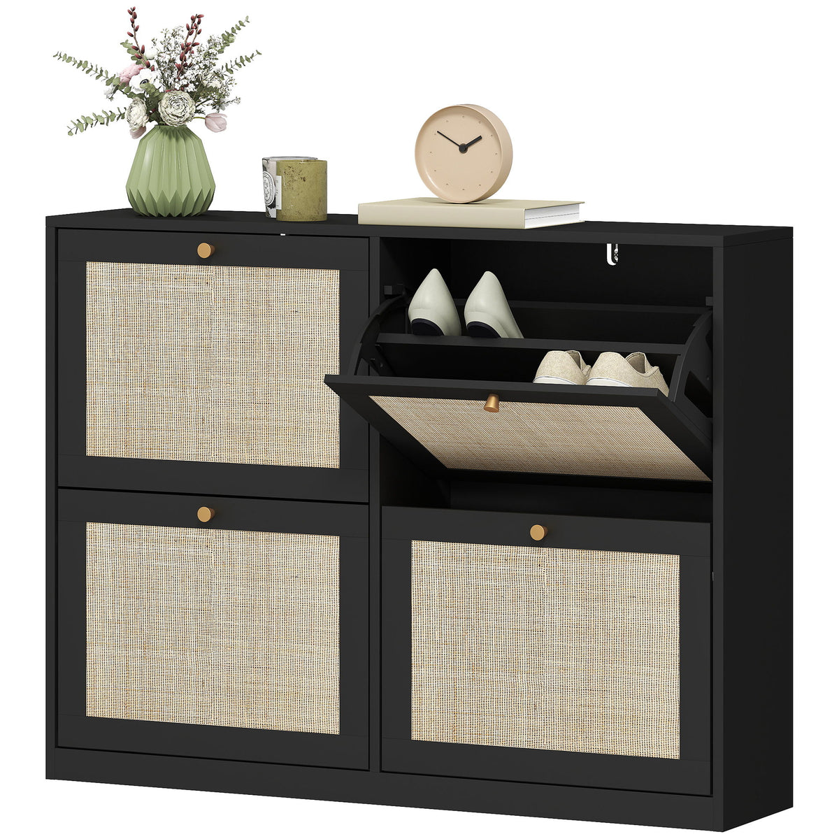 Narrow Shoe Storage Cabinet, Rattan Shoe Cabinet with 4 Flip Drawers and Adjustable Shelves for 20 Pairs, Black