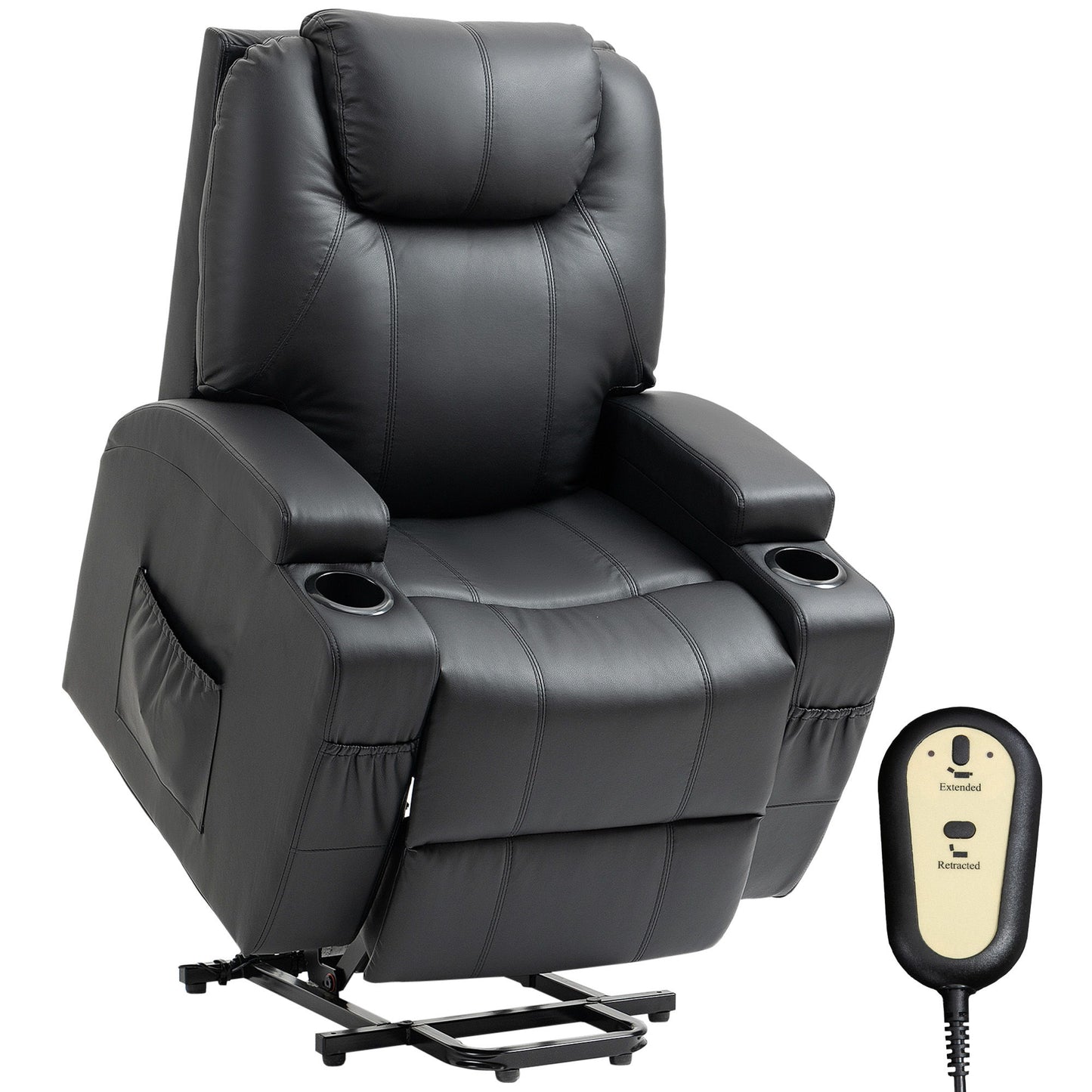 Power Lift Recliner Chair for Elderly, PU Leather Lift Chair with Thick and High Back, Footrest, Remote, Side Pockets, Cup Holders, Reclining Sofa for Living Room, Black