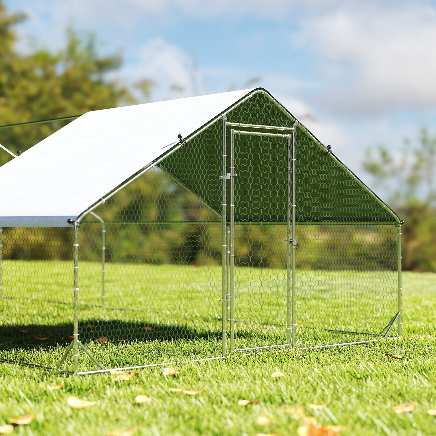 Metal Chicken Coop with Water- and UV-Protection Cover for Backyard Hen, Duck, Rabbit, 32.8' x 9.8' x 6.4'